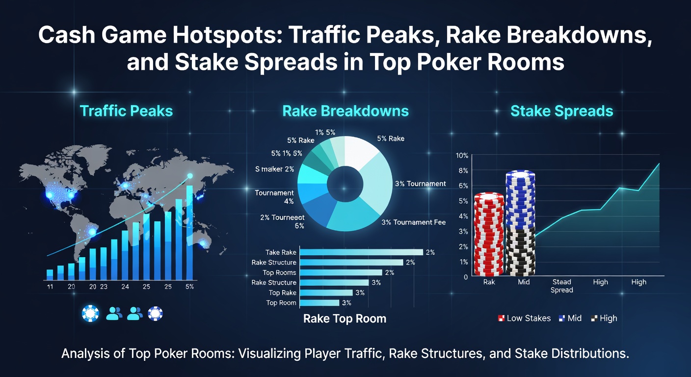 Vibrant poker table scene with players engaged in intense cash games under bright lights, highlighting peak traffic moments in online rooms