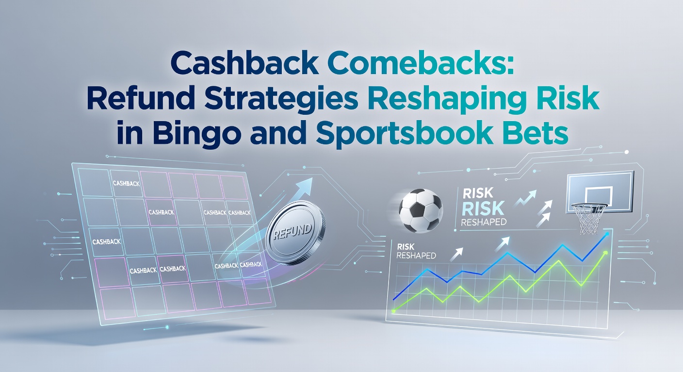 Digital graphic showing cashback icons flowing into bingo cards and sportsbook odds screens, symbolizing risk reduction through refunds