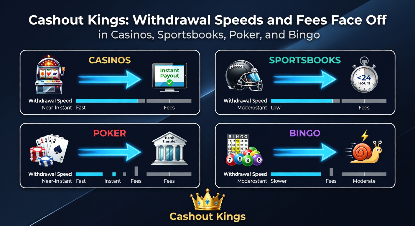 Graphic comparing withdrawal clocks and fee stacks across casino chips, sports balls, poker cards, and bingo daubers
