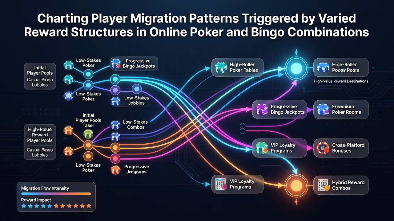 Visual representation of player migration flows between online poker rooms and bingo platforms driven by reward variations