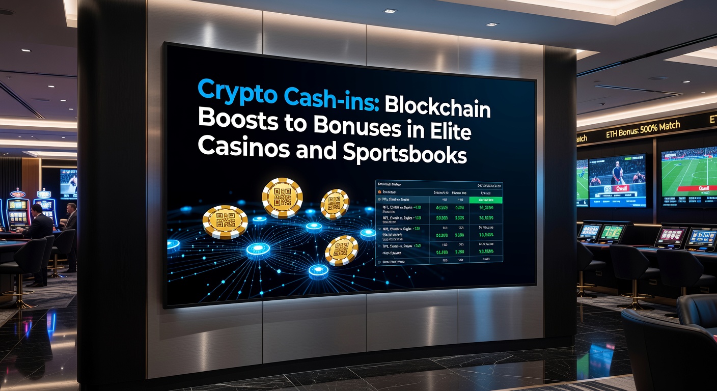 Digital blockchain network overlaying a vibrant casino gaming floor with cryptocurrency symbols glowing amid roulette wheels and slot machines