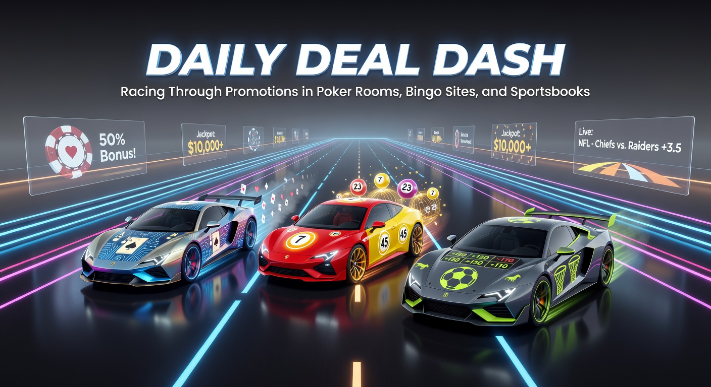 Vibrant poker table with promotional banners highlighting daily freeroll tournaments and cashback offers, capturing the high-energy rush of ongoing deals