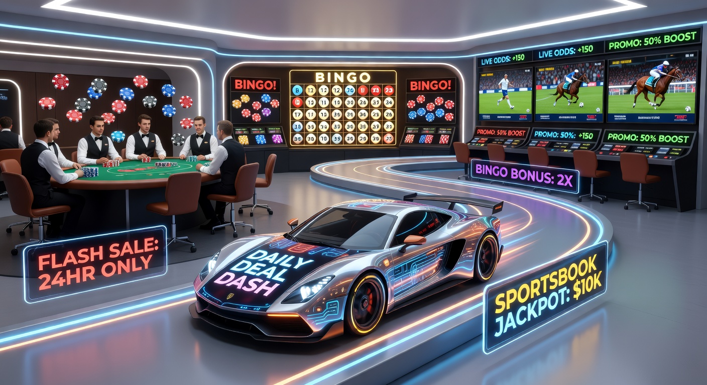 Bustling virtual bingo hall screen showing daily room promotions, free ticket drops, and pattern jackpots lighting up during peak hours