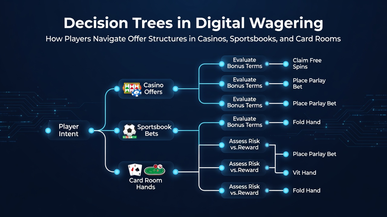 Illustration of decision tree pathways mapping player choices across casino bonuses, sportsbook promos, and poker room structures