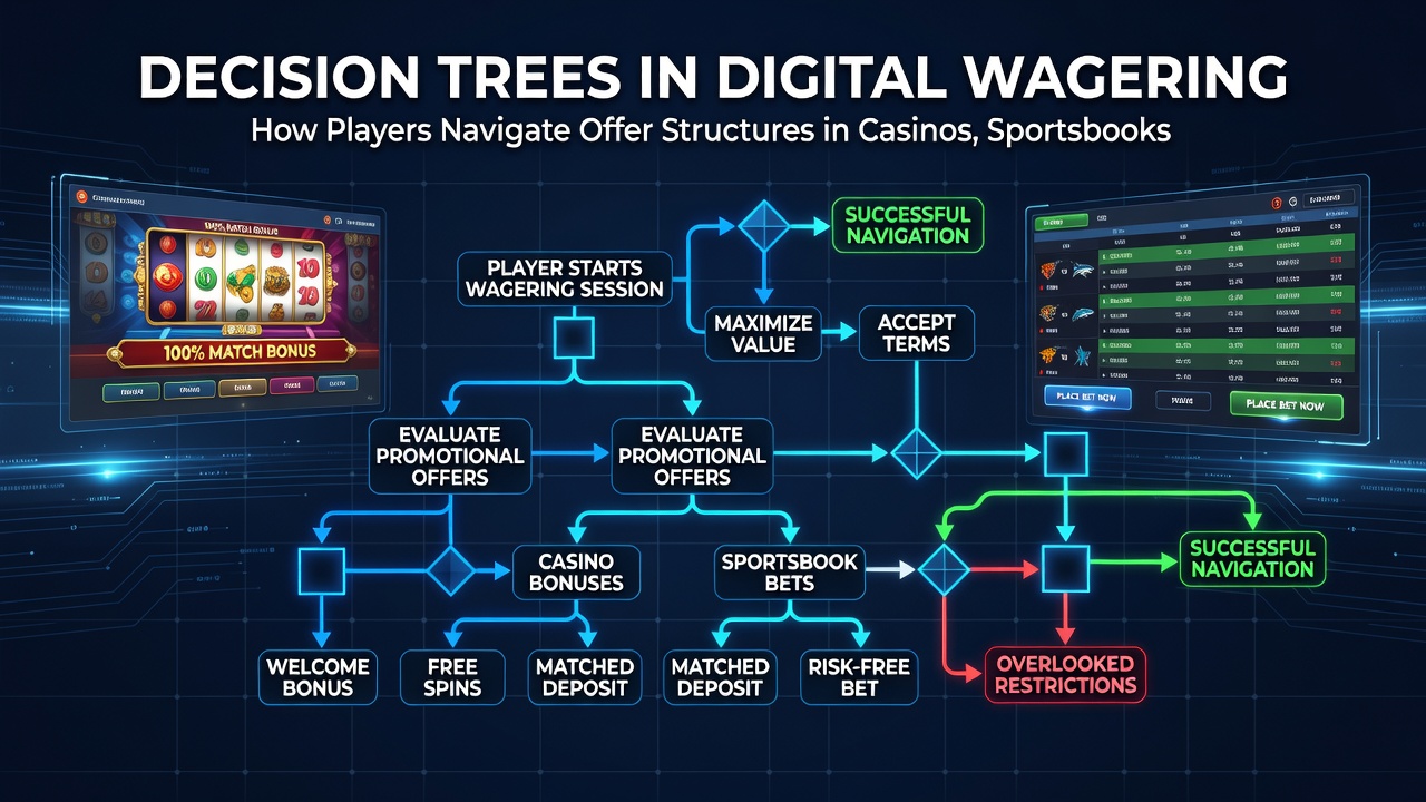 Flowchart diagram showing interconnected decision nodes for evaluating digital wagering promotions across multiple platform types