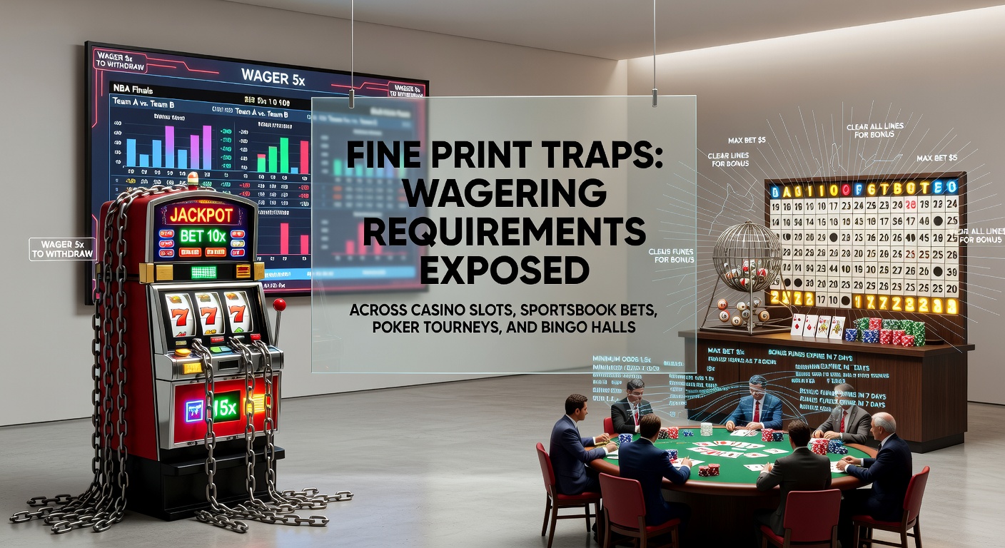 Illustration of a magnifying glass over fine print contract terms highlighting wagering requirements in online gambling