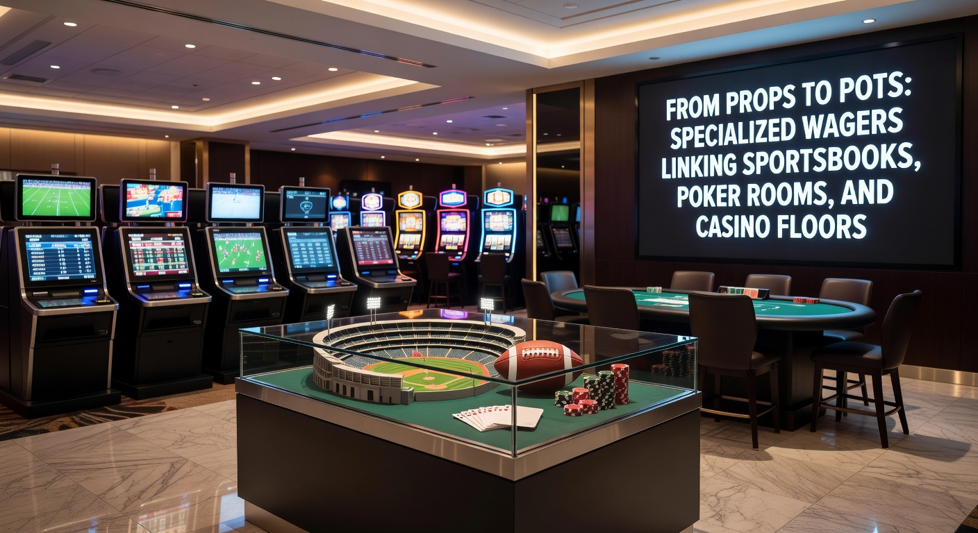 Dynamic illustration showing interconnected icons of sportsbooks, poker tables, and casino slots merging into a single betting ecosystem