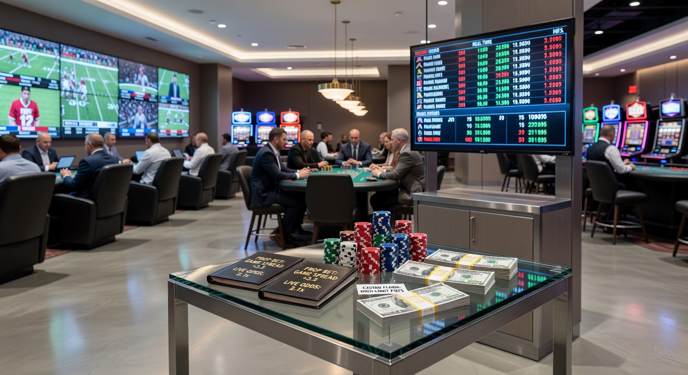 Vibrant scene of gamblers at a multi-platform betting station, transitioning from sports screens to poker tables and slot machines