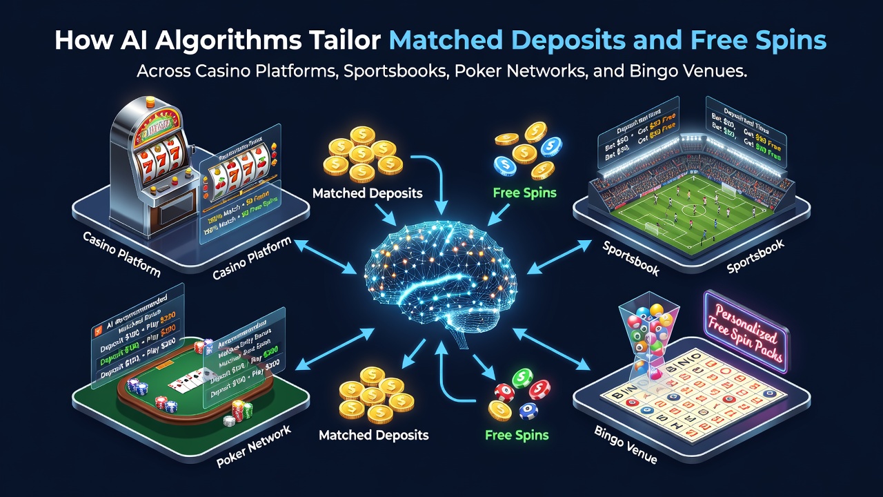 AI algorithms analyzing player data to customize deposit matches and free spins across casino, sportsbook, poker, and bingo platforms