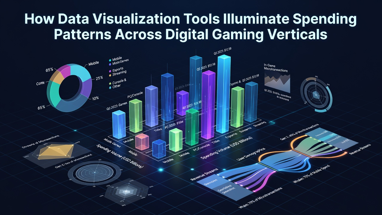 Dashboard showing colorful charts and graphs tracking spending across different digital gaming verticals including slots and sports betting
