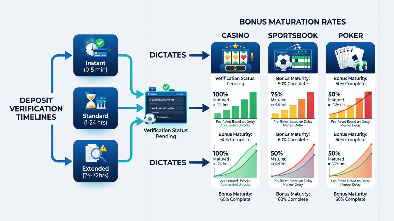 Comparison chart displaying average deposit verification times and resulting bonus release windows for sportsbooks, poker rooms, casinos, and bingo sites