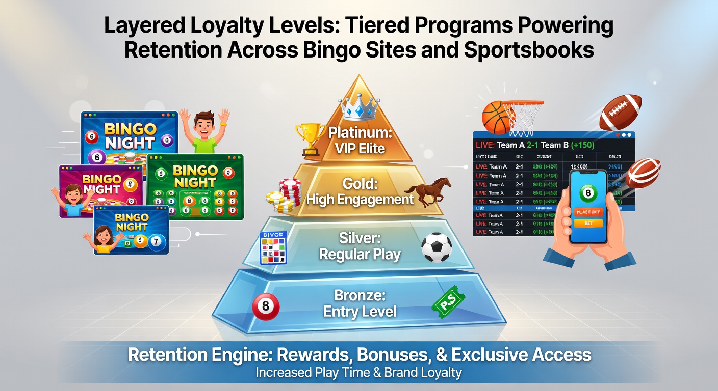 Graphic illustrating a multi-tiered loyalty ladder with players climbing levels amid bingo cards and sportsbook odds boards