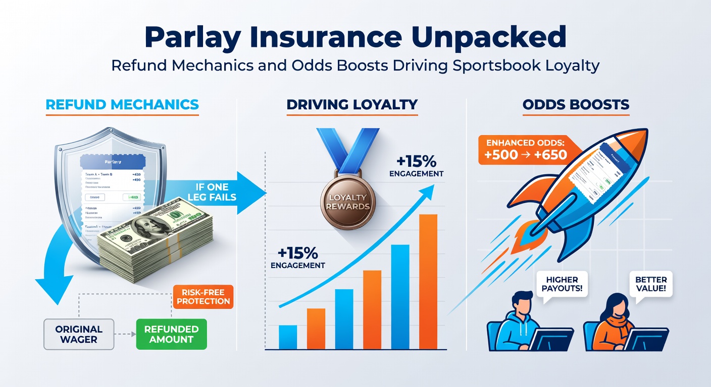 Graphic illustrating parlay insurance mechanics with refund icons and boosted odds charts on a sportsbook interface