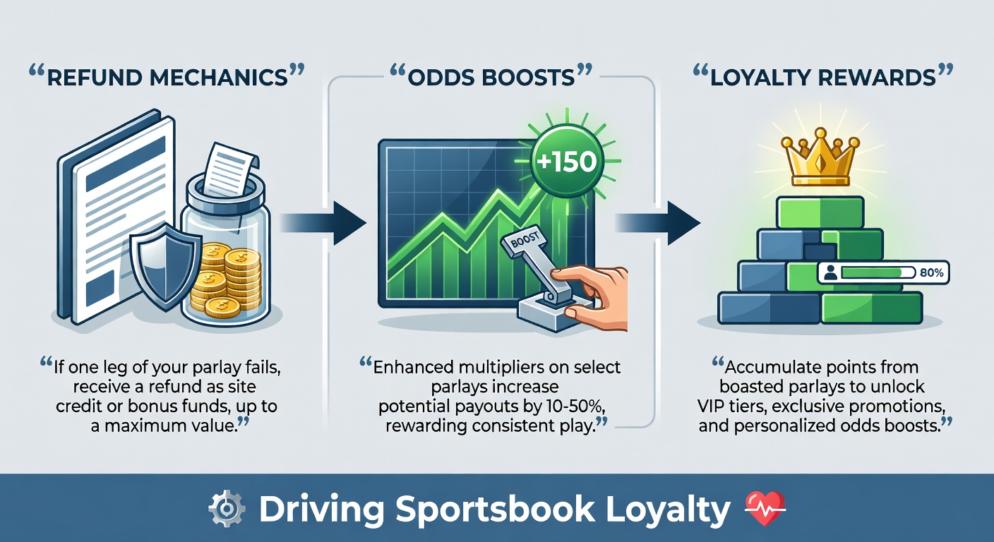 Visual breakdown of odds boosts applied to parlay legs, showing payout multipliers and loyalty reward tiers