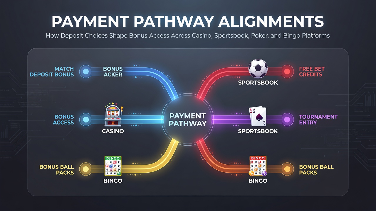 Payment pathways diagram showing deposit methods aligned with casino, sportsbook, poker, and bingo bonus structures