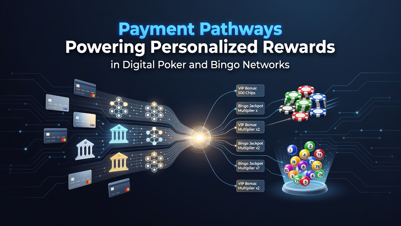 Illustration of digital payment flows connecting to personalized reward systems in poker and bingo networks