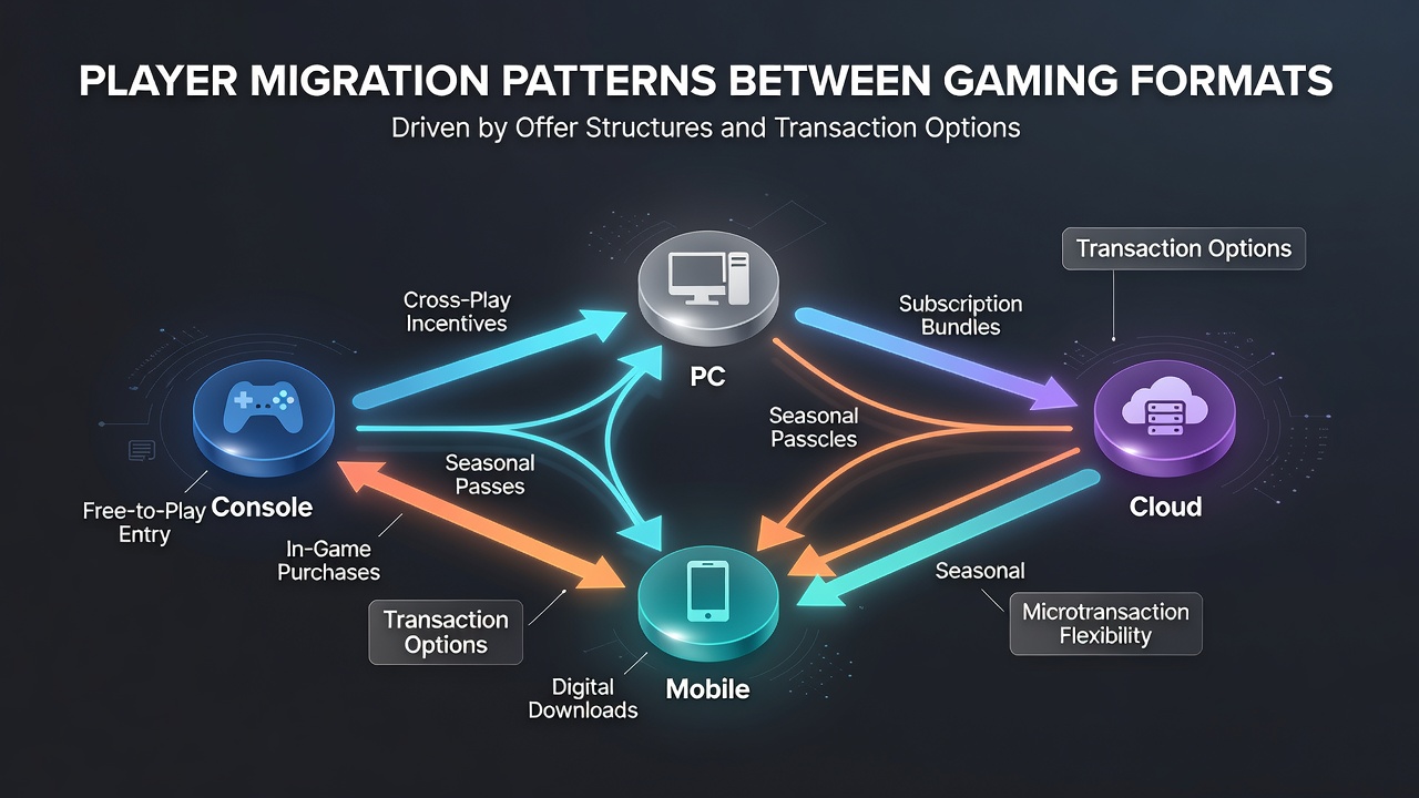 Illustration of payment methods and bonus offers influencing player movement between casino, sportsbook, poker, and bingo platforms