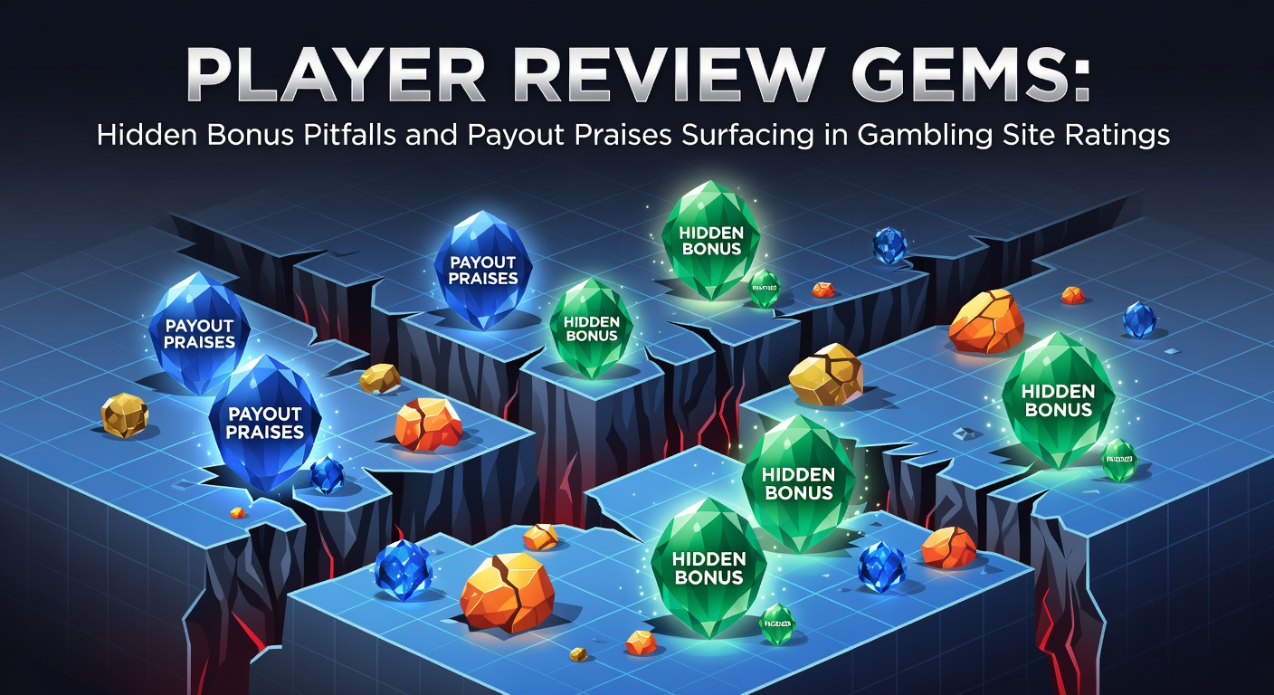 Close-up of glowing gemstones representing hidden insights from player reviews on gambling sites, with casino chips and review stars scattered around