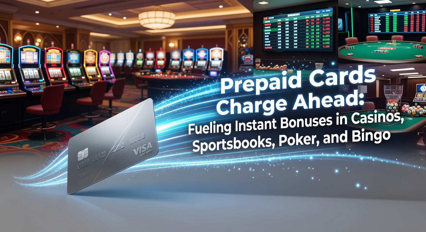 Vibrant depiction of prepaid cards interfacing with digital casino slots, sports betting interfaces, poker tables, and bingo cards, highlighting instant transaction flows