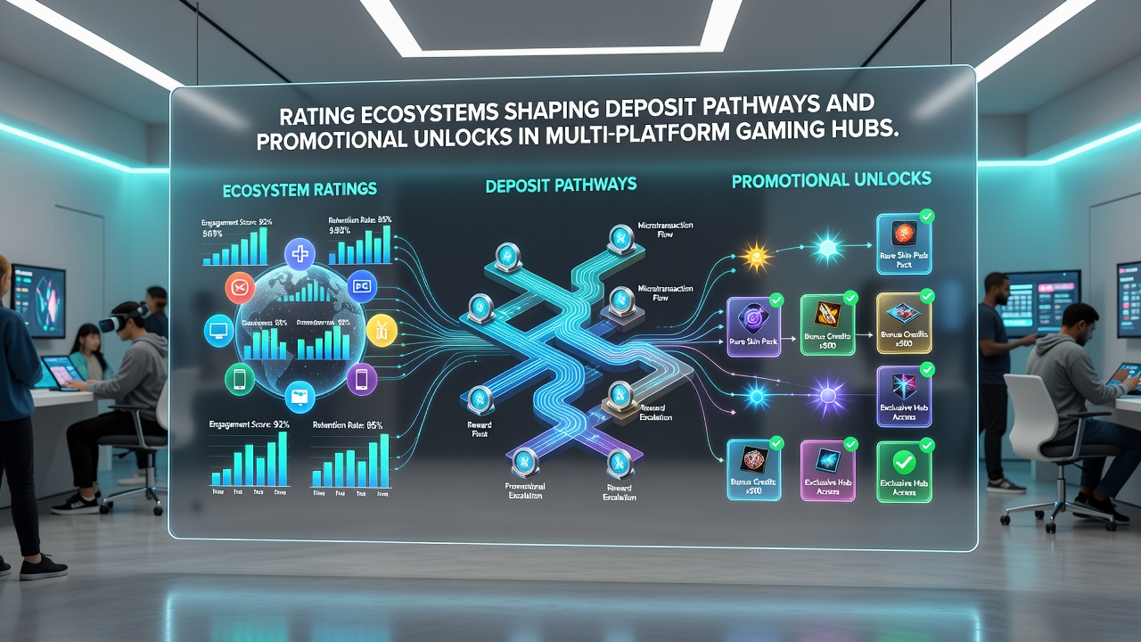 Diagram illustrating connections between player ratings, deposit method approvals, and promotional tier releases in gaming hubs
