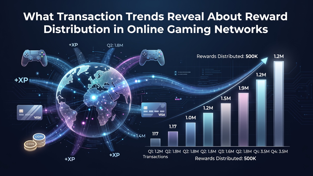 Visual representation of transaction trends and reward distribution in online gaming networks showing payment flows and player engagement metrics